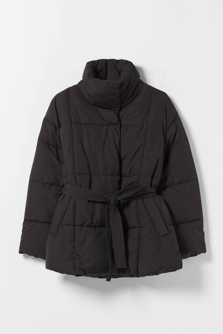 Quilted nylon coat with belt