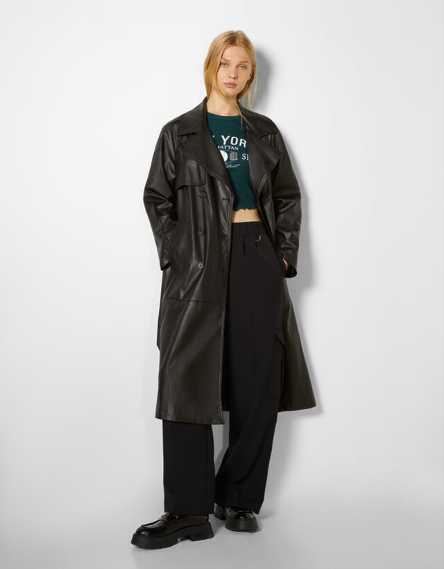 bershka faux leather belted trench coat in black