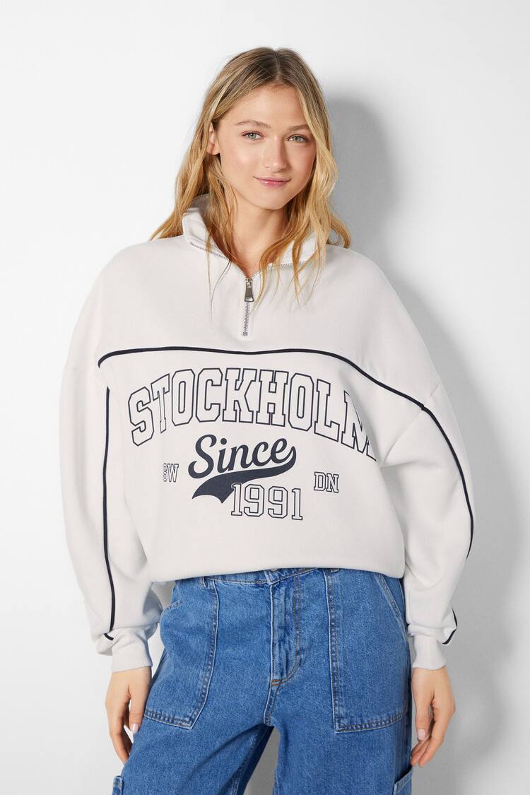 High neck zip sweatshirt with print
