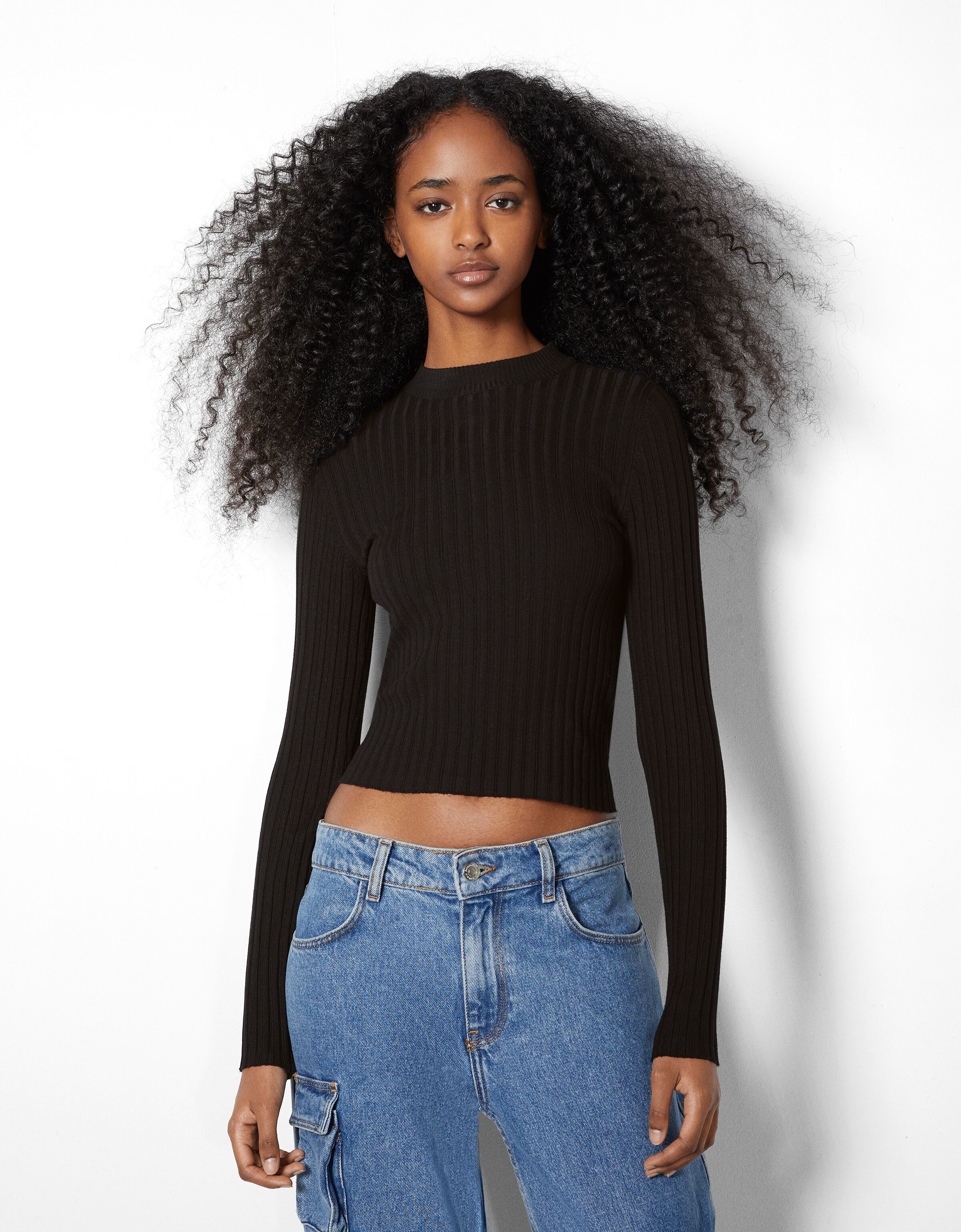 black cropped mock neck sweater