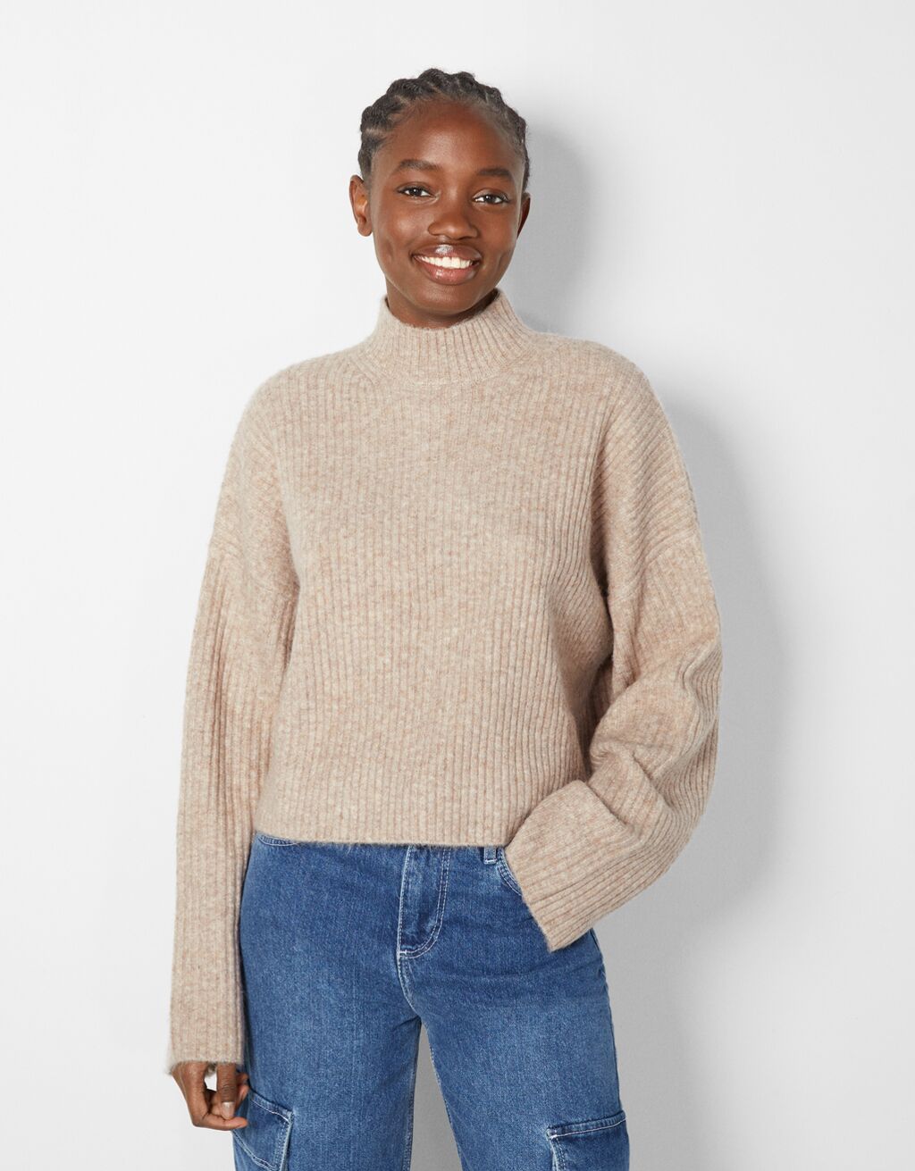 mock neck tan sweater