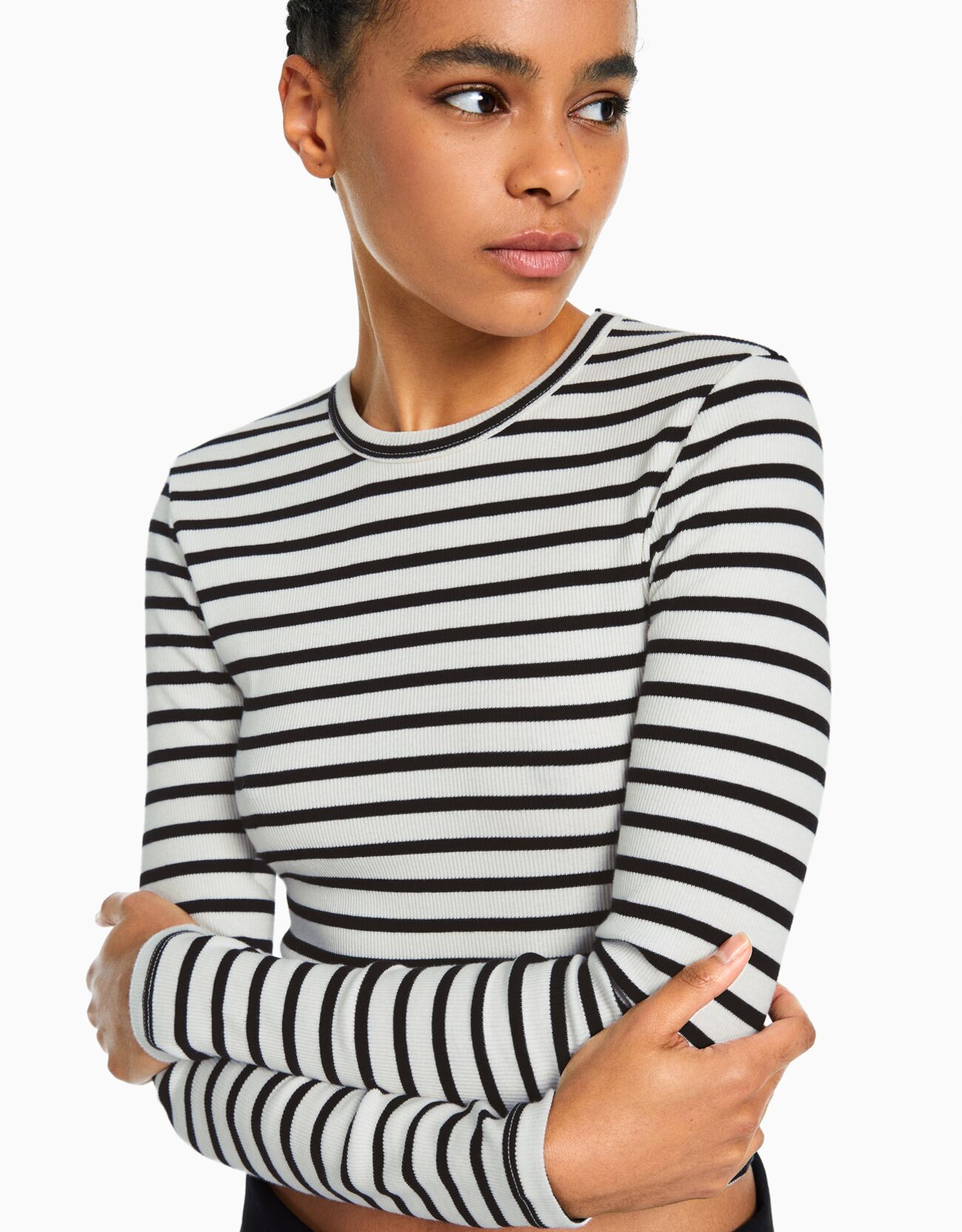 Bershka baseball shirt in black and white stripe