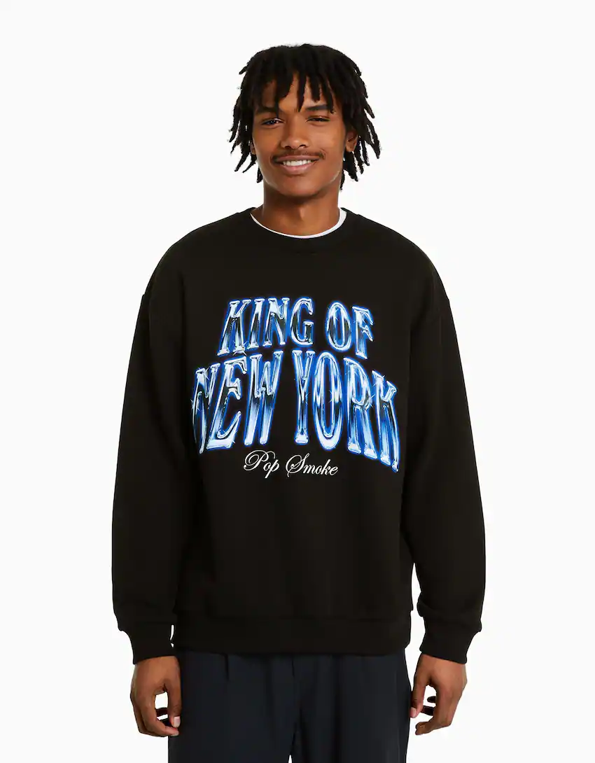 Bershka New York Pop Smoke sweatshirt in black