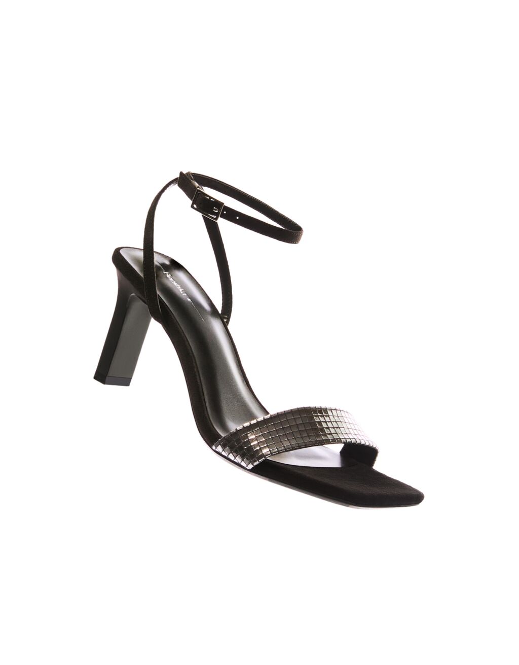 Heeled sandals with an ankle strap and metallic vamp
