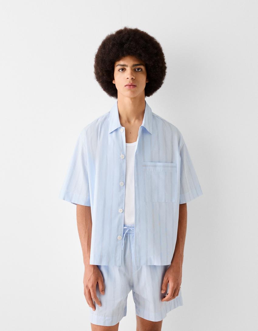 Çizgili gömlek ve bermuda şort takımı-Açık mavi-1