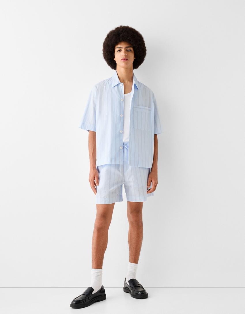 Çizgili gömlek ve bermuda şort takımı-Açık mavi-0