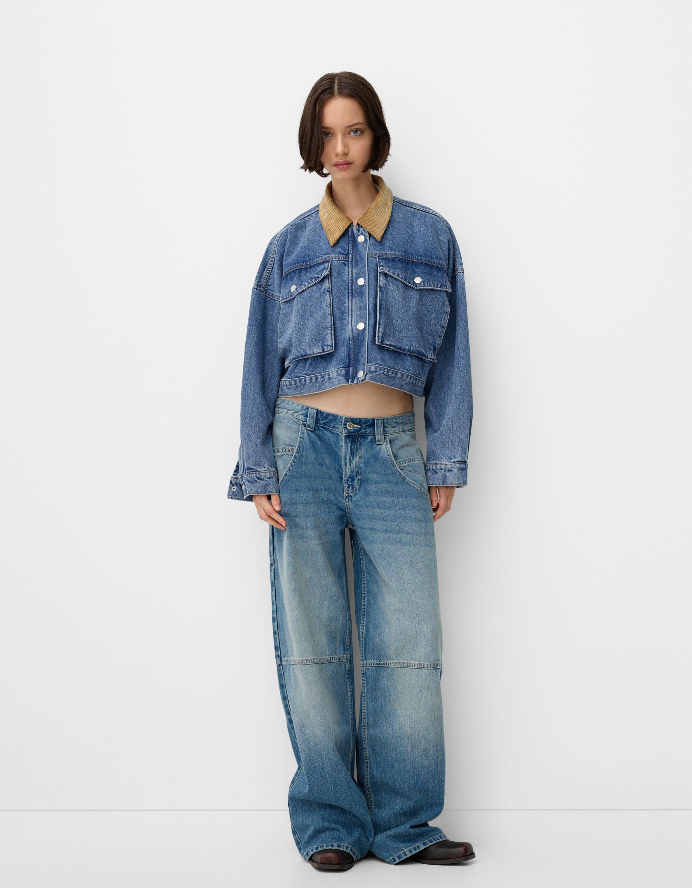Cropped denim jacket and loose baggy jeans set Matching sets Women Bershka