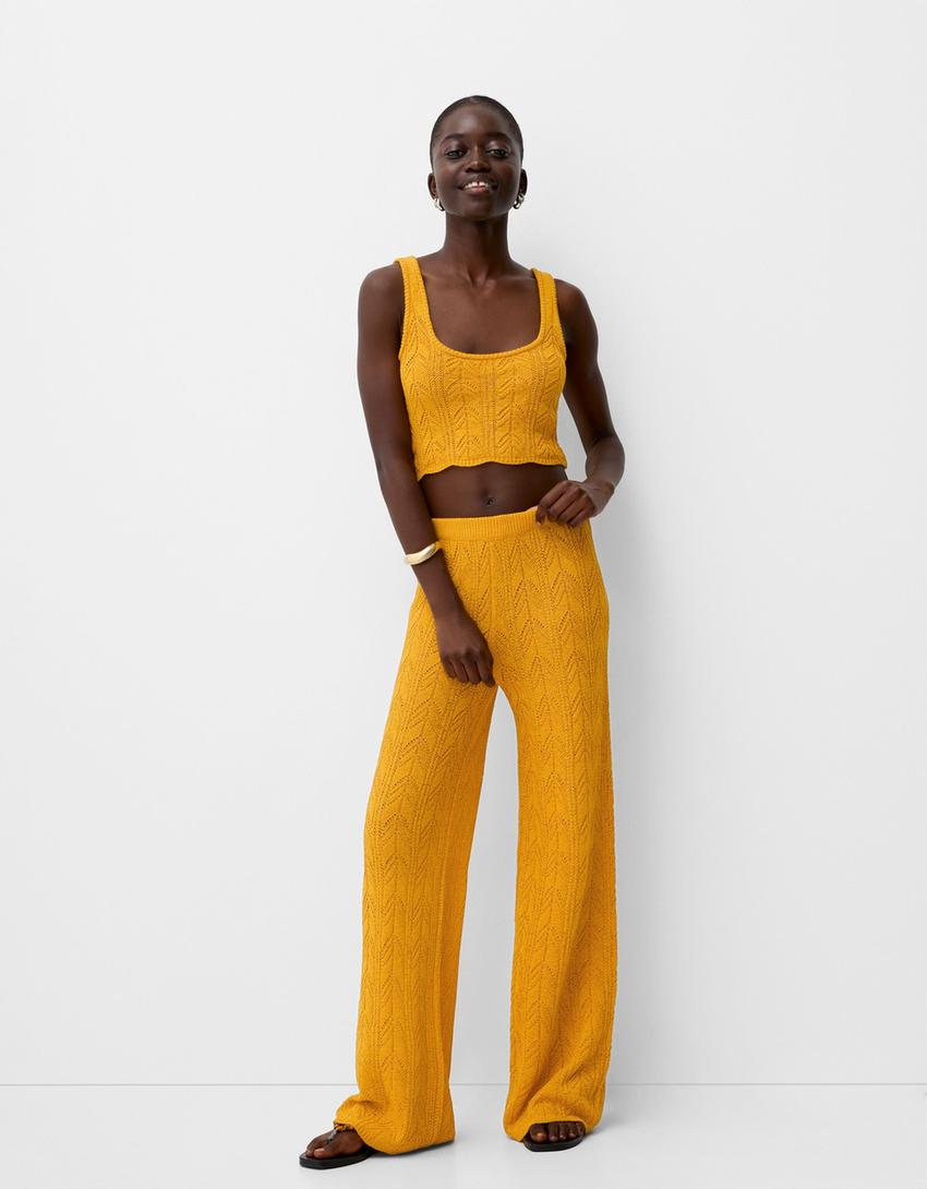 طقم بنطال وتوب بنمط ريفي-خردلي-0