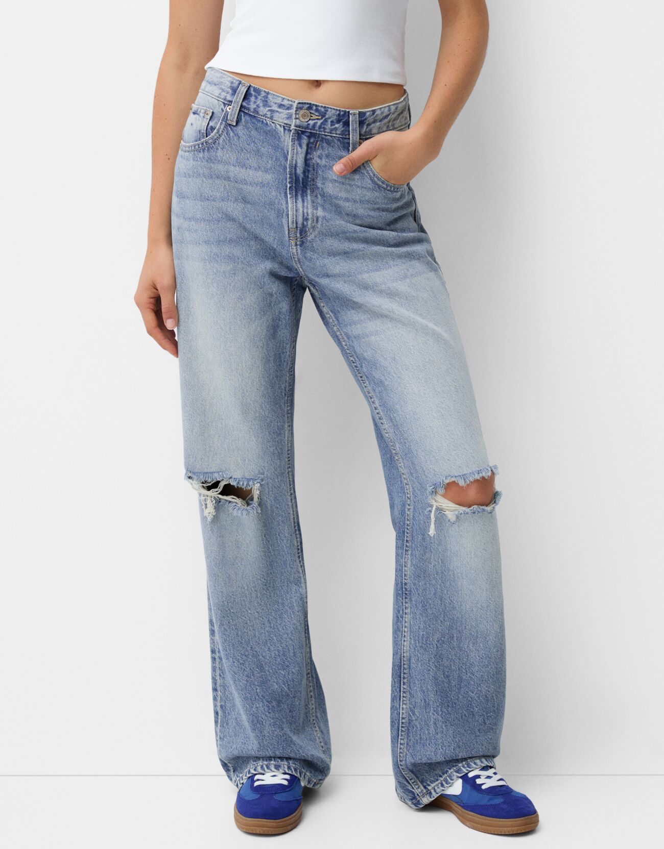 Bershka Wide Leg 90'S Jeans Mit Rissen Damen 40 Ausgewaschenes Blau