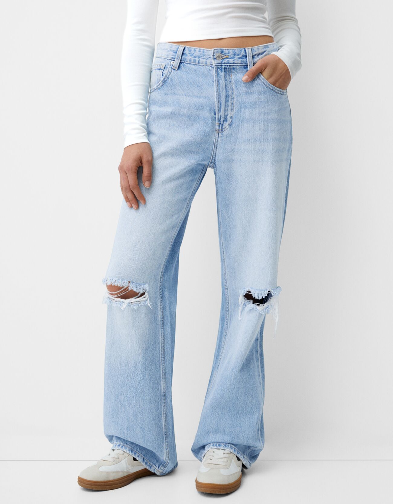 Bershka Wide Leg 90'S Jeans Mit Rissen Damen 36 Ausgewaschenes Blau