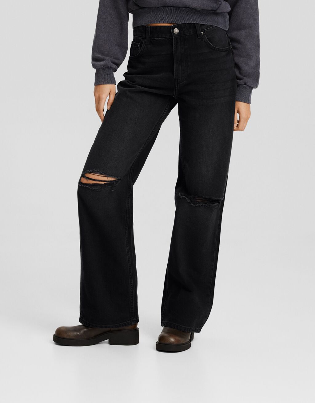 Distressed wide leg 90’s jean-Siyah-1