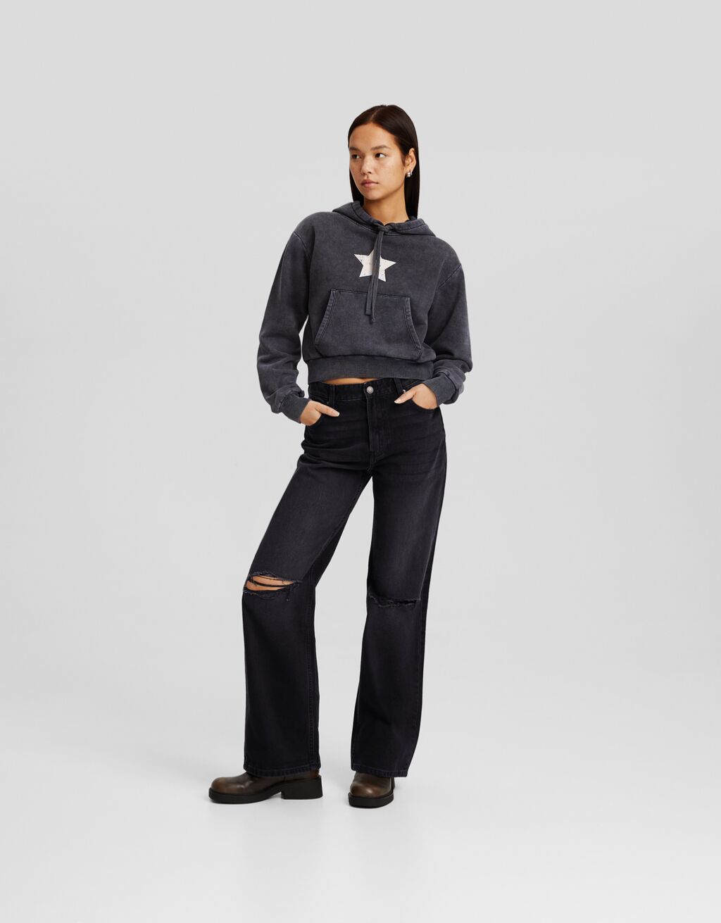 Distressed wide leg 90’s jean-Siyah-0