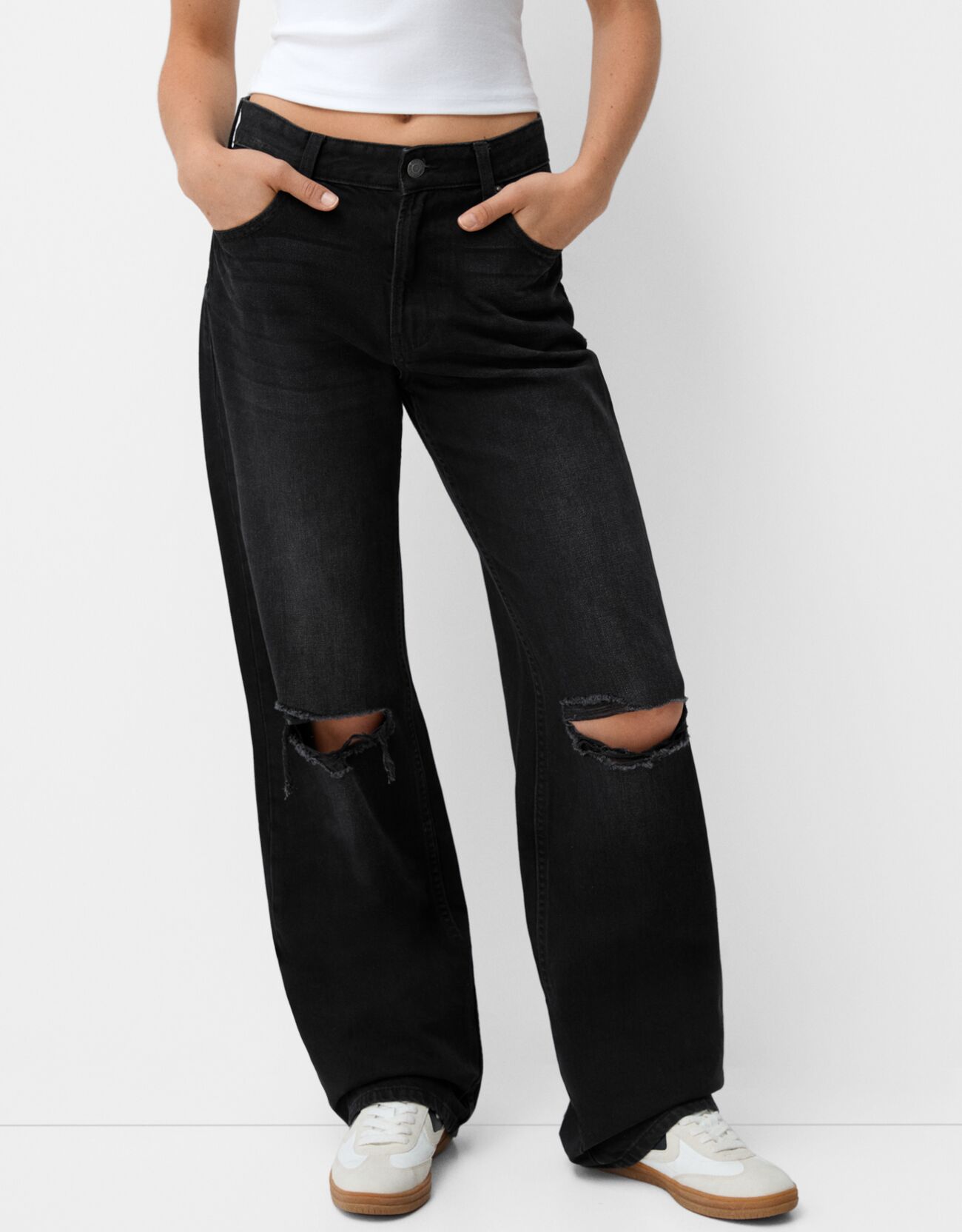 Bershka Jeans 90'S Wide Leg Strappati Donna 48 (Eu 44) Nero