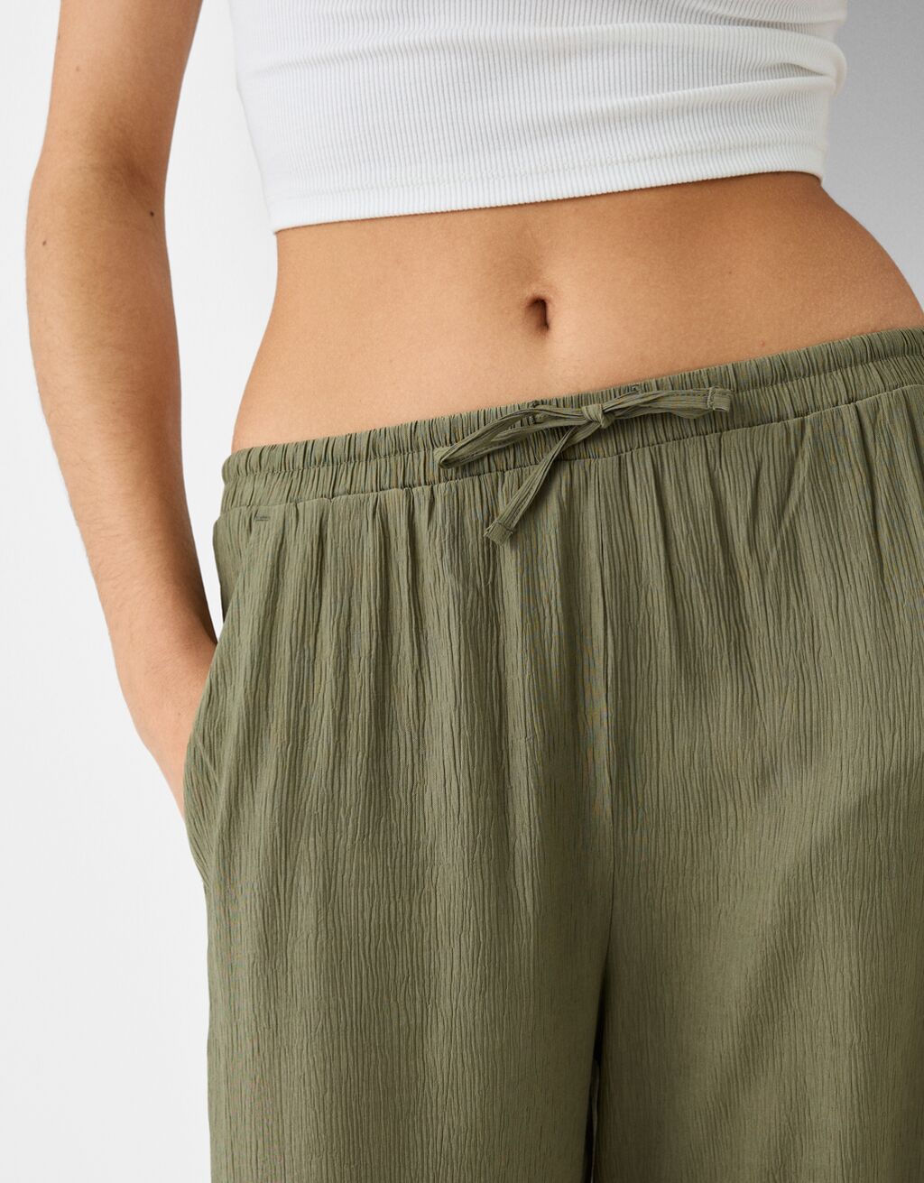 Calças crepe cintura elástica-Caqui-6