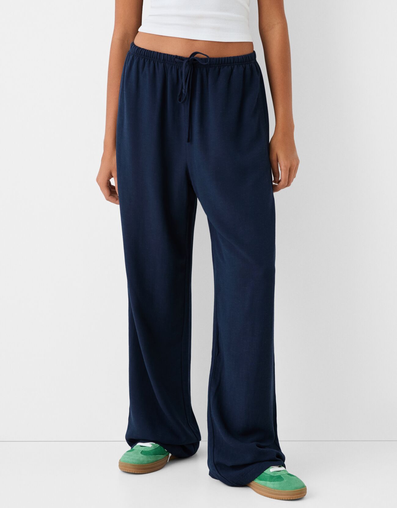 Bershka Pantalón Straight Con Lino Cintura Goma Mujer Xs Marino