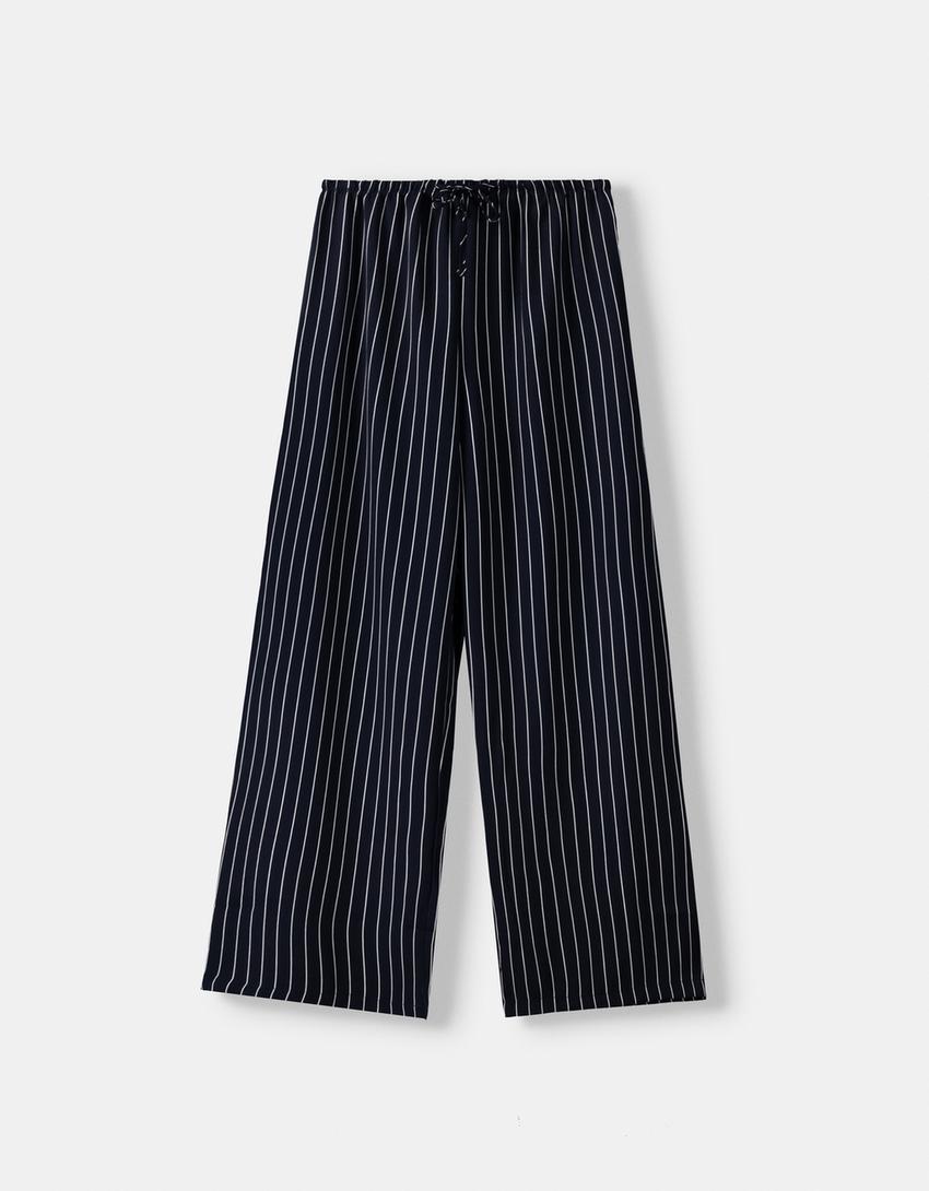 بنطال من مزيج كتان بقصّة مستقيمة وخصر مرن-كحلي-4