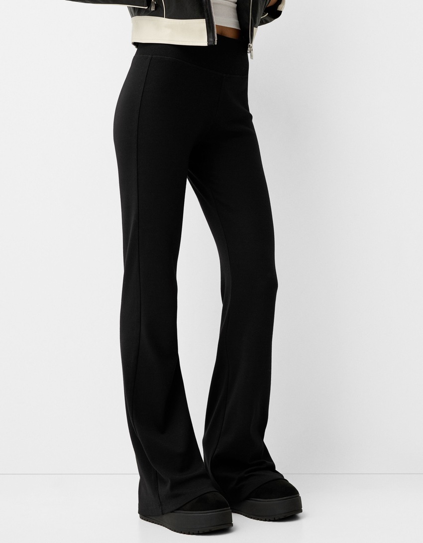 Flared broek met geribbelde taille-Zwart-1