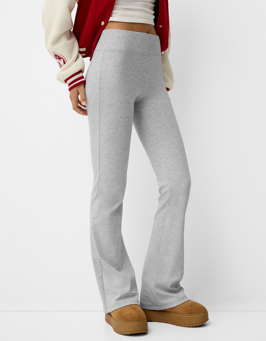 Flared broek met geribbelde taille-Grijs-1