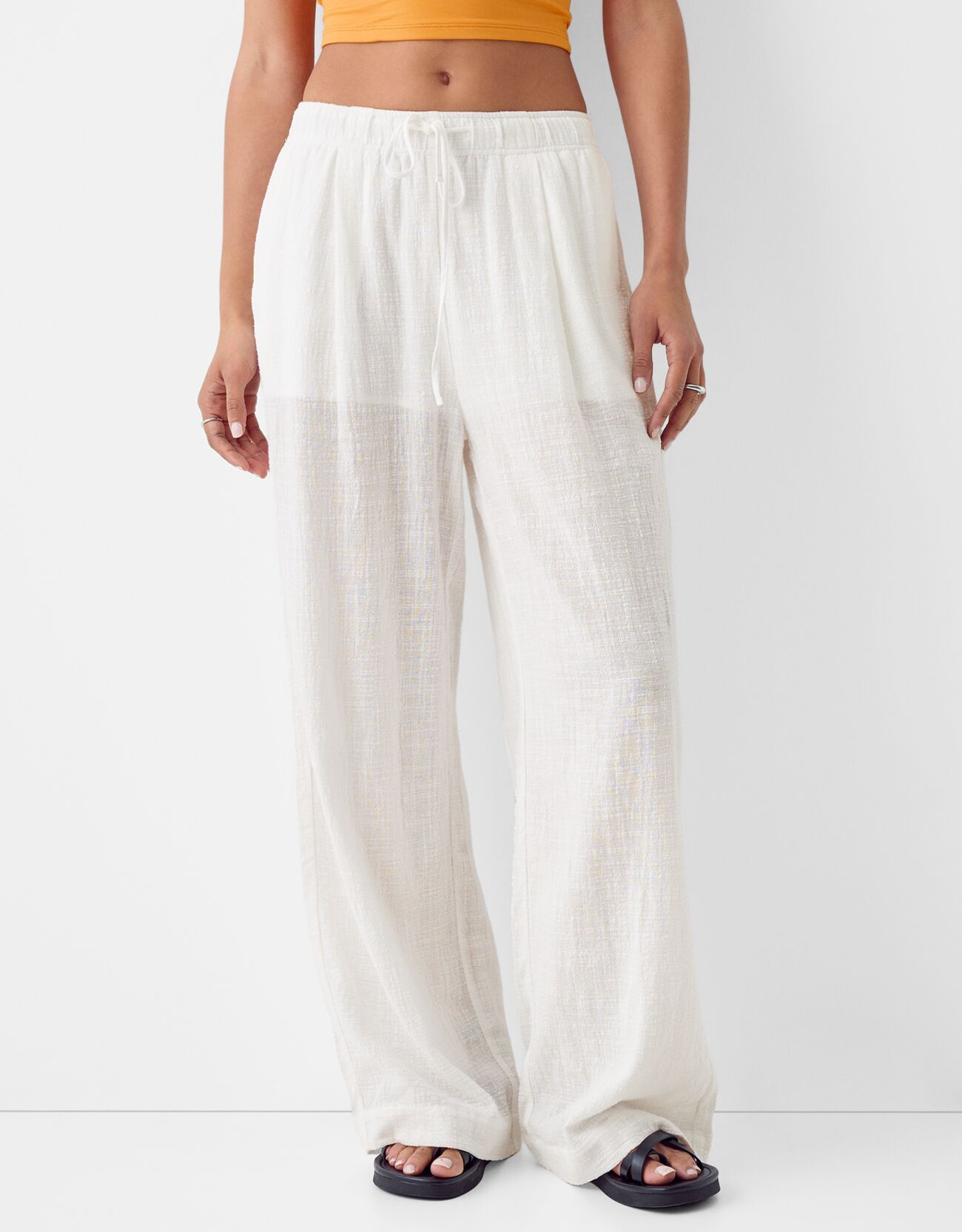 Bershka Pantaloni Wide Leg Tessuto Semplice Donna Xl Bianco