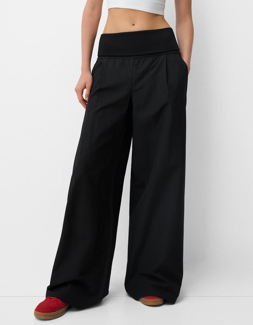 Wide-leg trousers with fold-over waist-Black-1