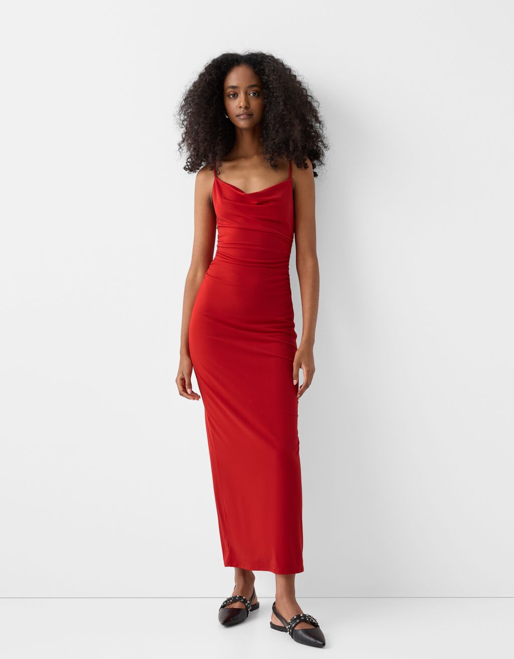 Vestito lungo drappeggiato con spalline-Rosso-0