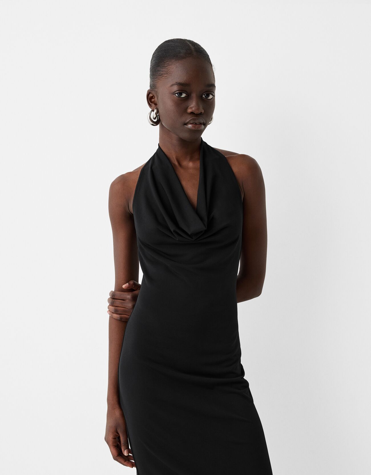 Bershka Midikleid Mit Neckholder-Ausschnitt Damen L Schwarz