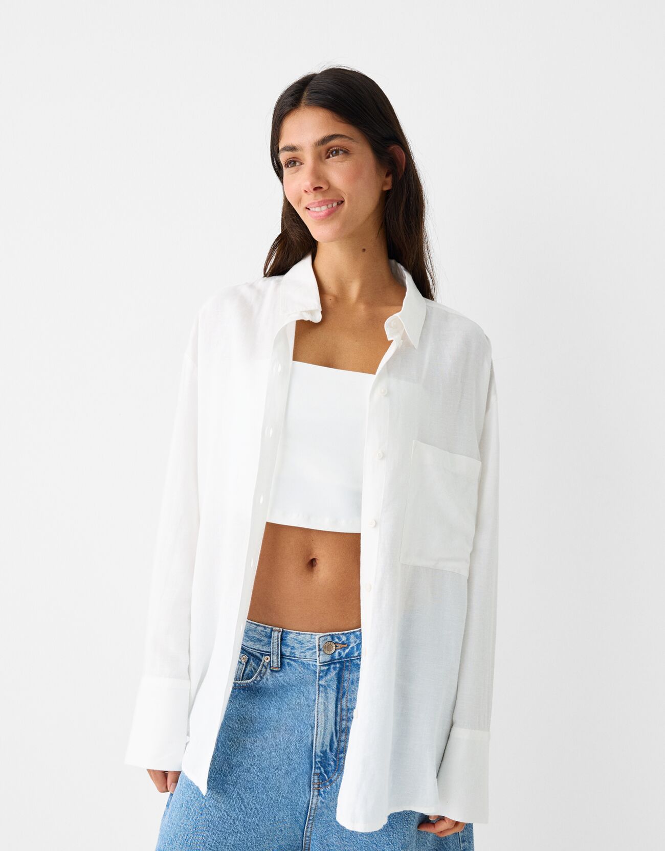 Bershka Camicia A Maniche Lunghe Oversize Semplice Donna Xl Bianco Roto