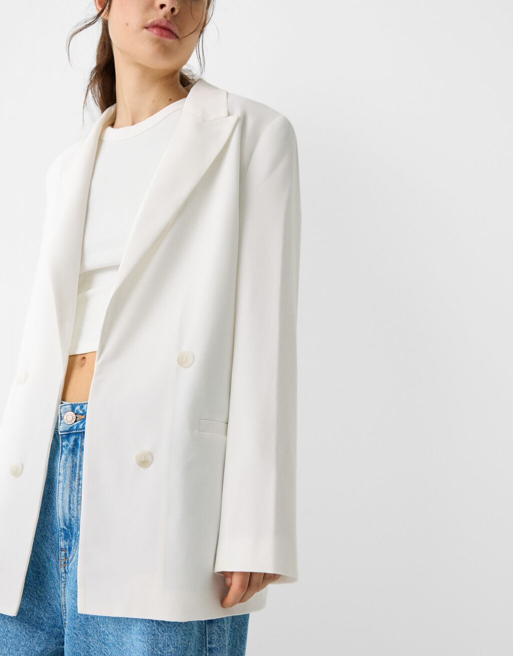 بليزر ضيق فضفاض بصف أزرار مزدوج-أبيض مطفي-2