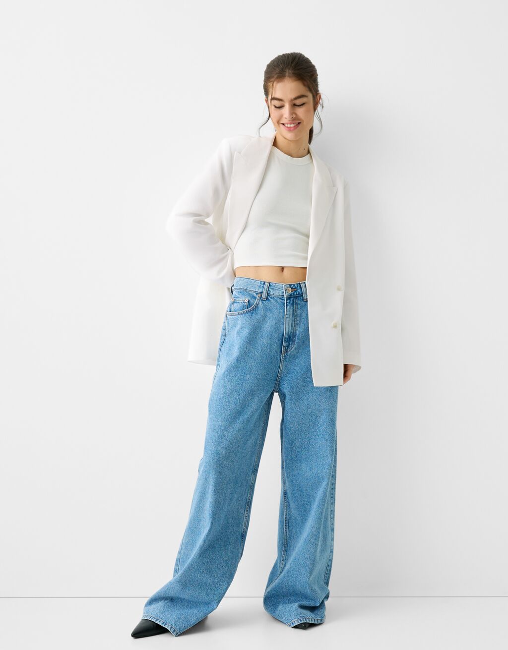 بليزر ضيق فضفاض بصف أزرار مزدوج-أبيض مطفي-3