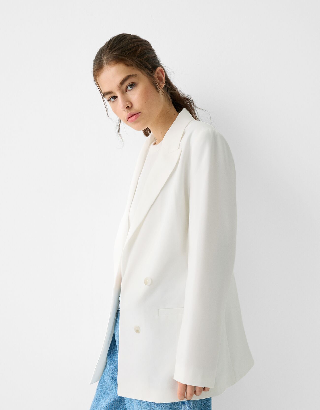 Bershka Blazer Fluida Slim Fit Cruzada Mujer Xl Blanco Roto