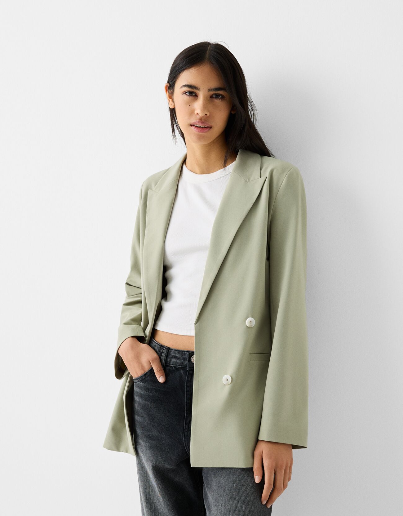 Bershka Fließender Slim-Fit-Blazer In Wickeloptik Damen Xl Grün