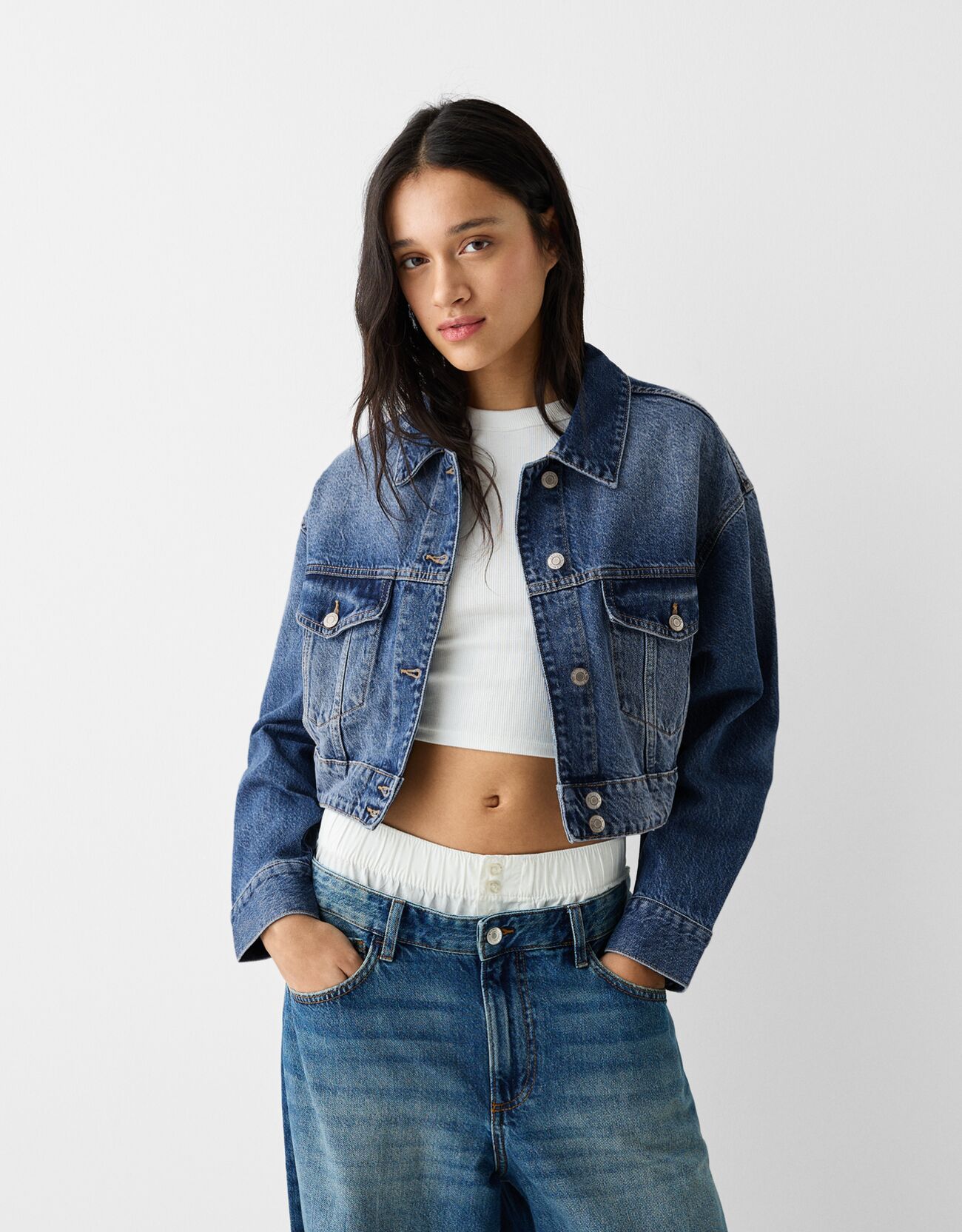 Bershka Cropped-Jeansjacke Damen M Blau