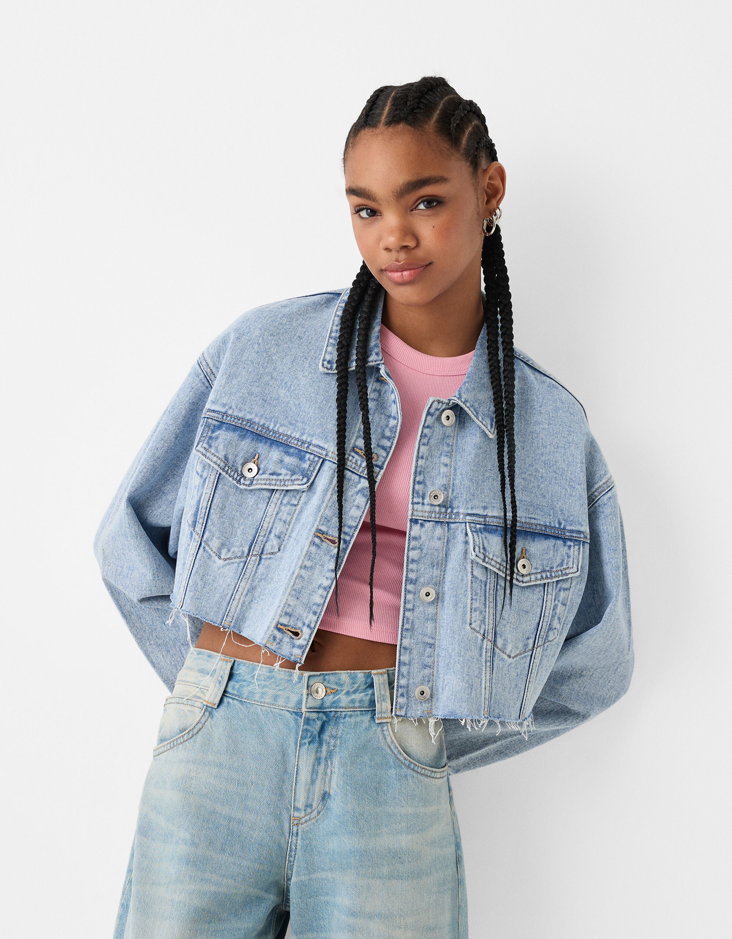 Cropped denim jacket bershka on sale