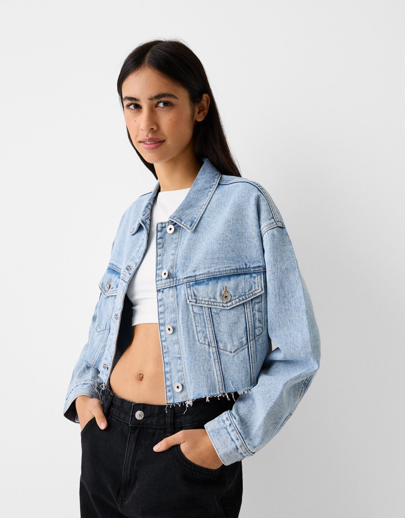 Bershka Giubbotto Cropped In Denim Donna M Azzurro Chiaro