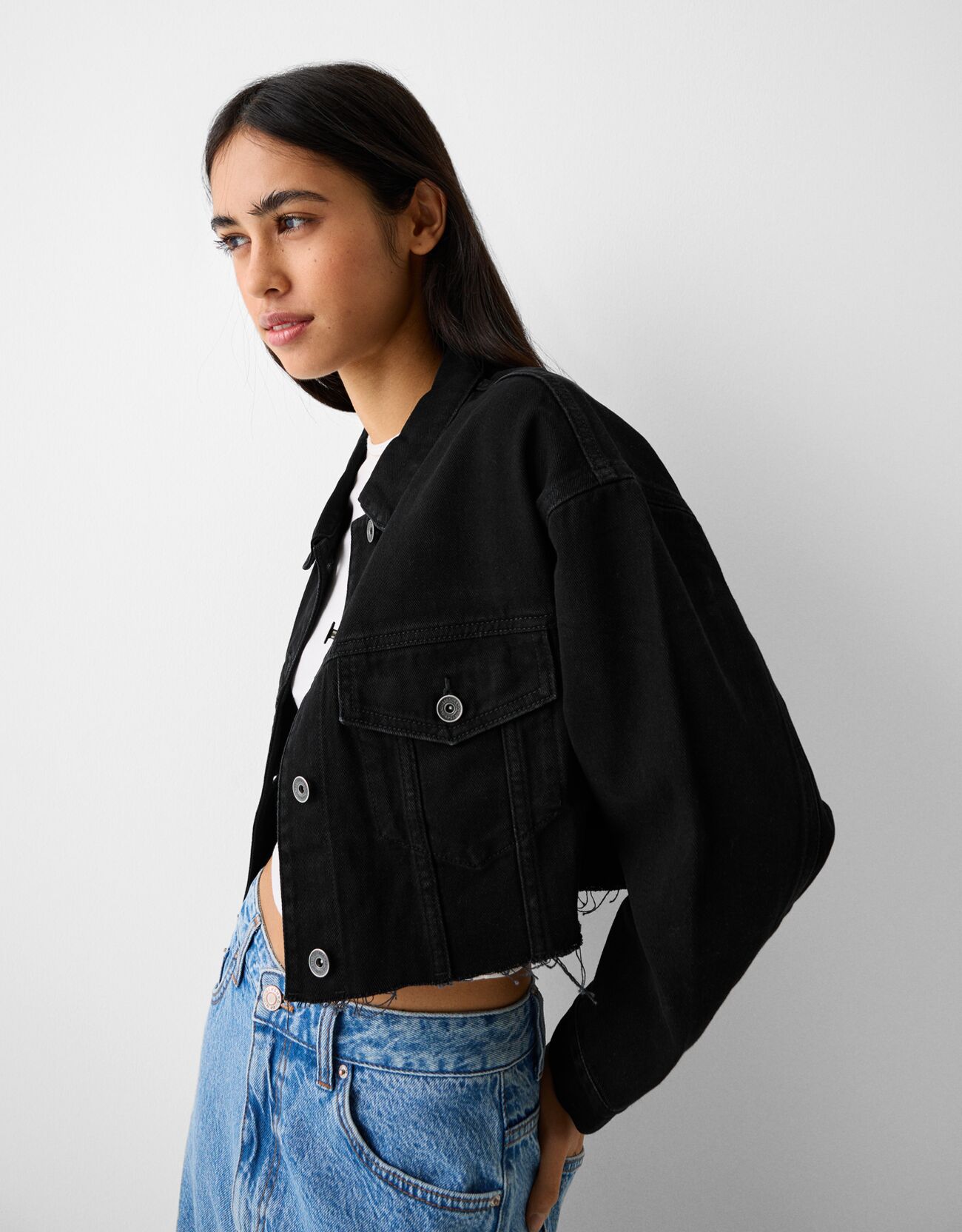 Bershka Giubbotto Cropped In Denim Donna M Nero