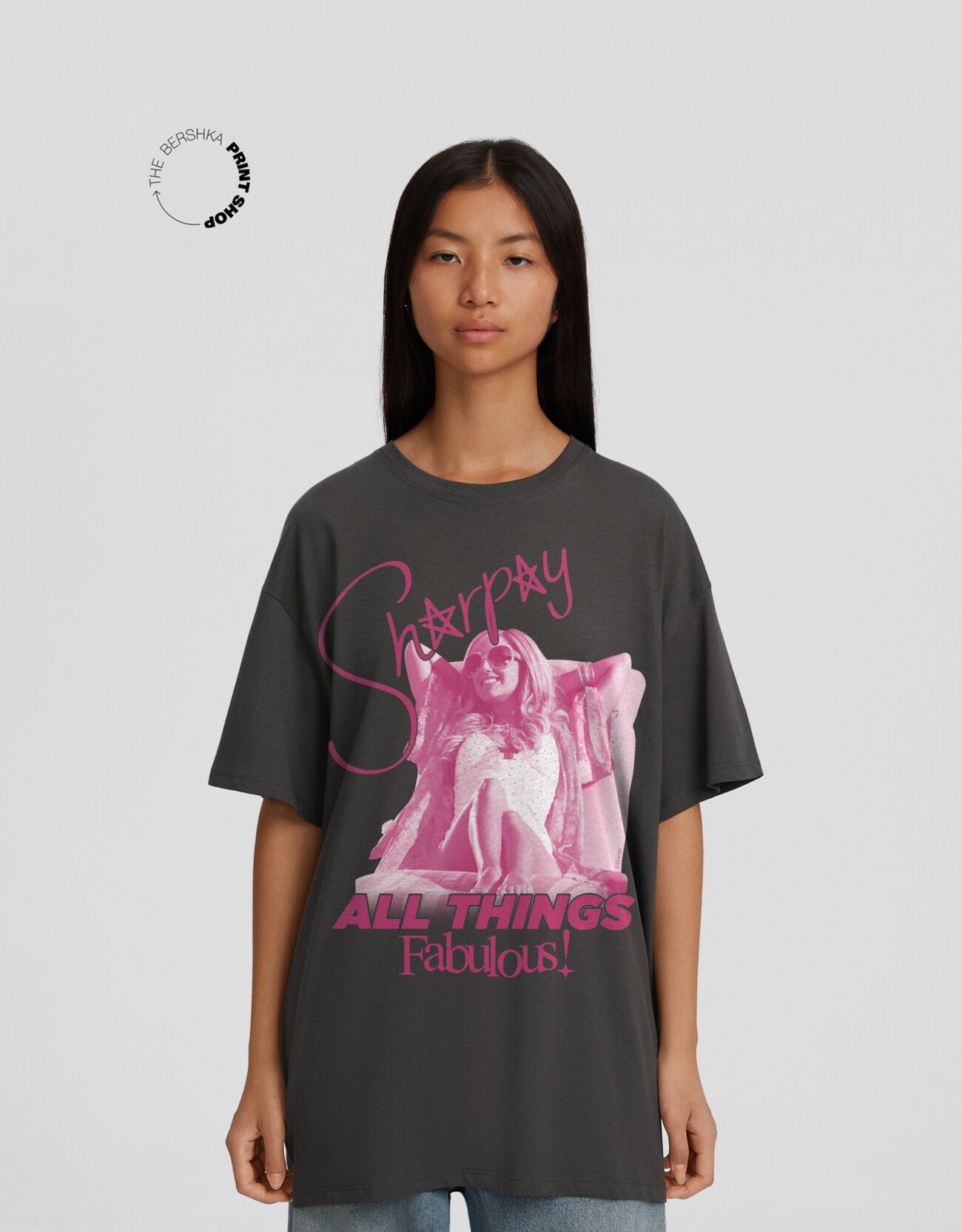 Bershka Maglietta Sharpay High School Musical A Maniche Corte Oversize Stampa Donna Xs Grigio Scuro