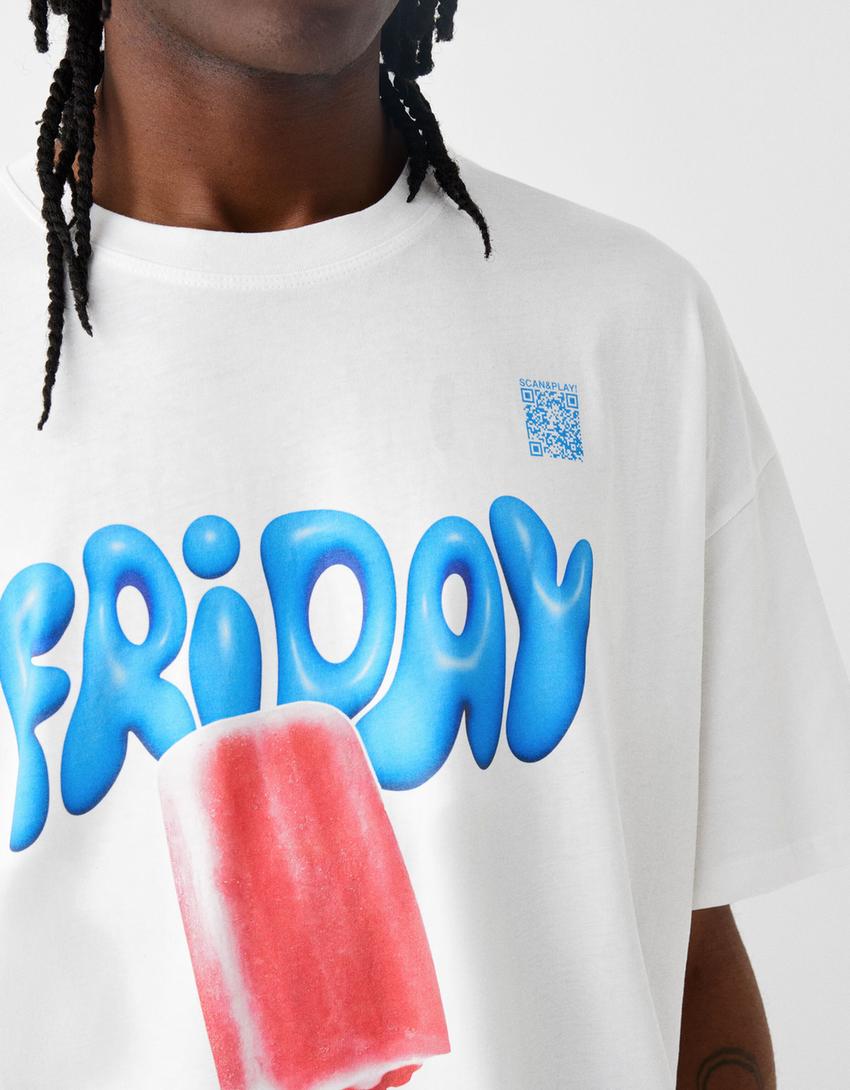 T-shirt Bershka Wearable Art oversize imprimé-Blanc cassé-6