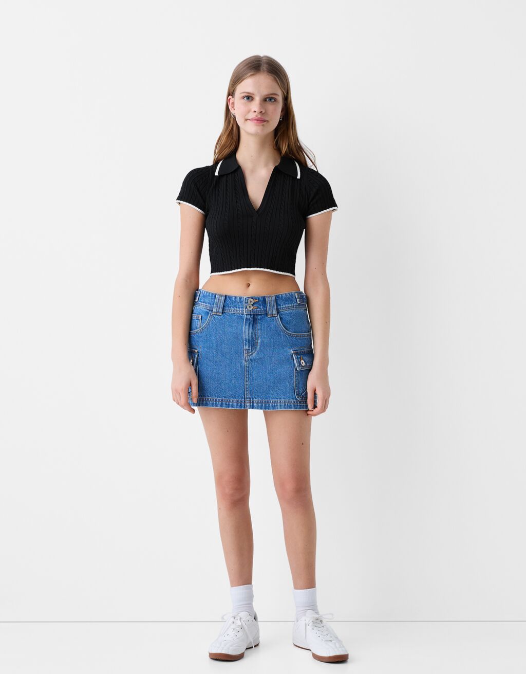 Short sleeve cable-knit polo collar sweater-Black-3