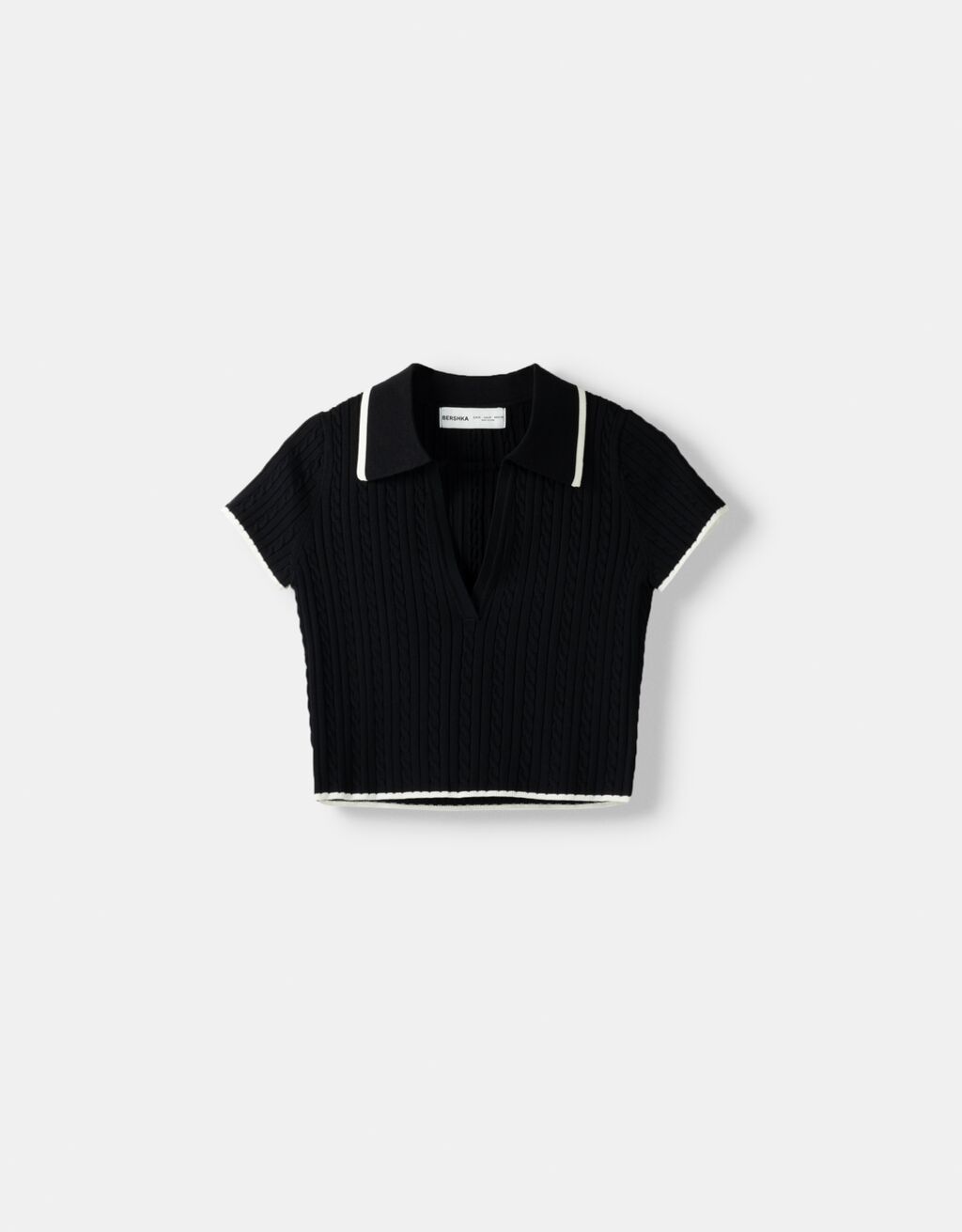 Short sleeve cable-knit polo collar sweater-Black-4
