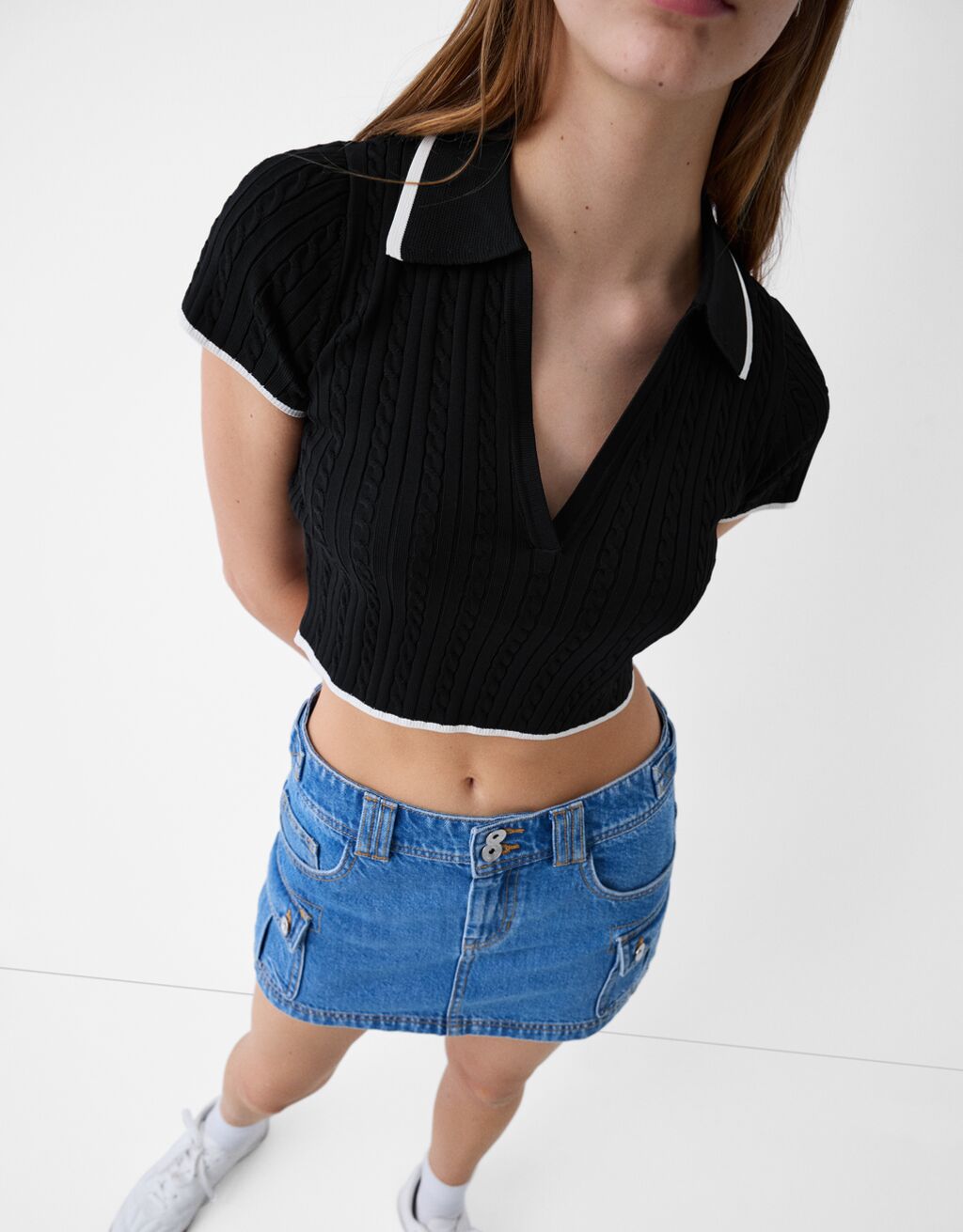 Short sleeve cable-knit polo collar sweater-Black-5