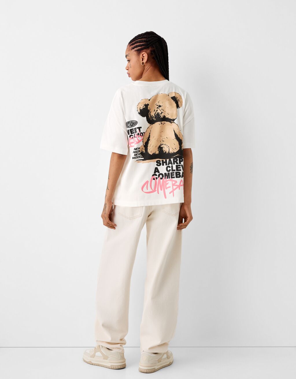 Desenli kısa kollu oversize t-shirt-Pembe-1