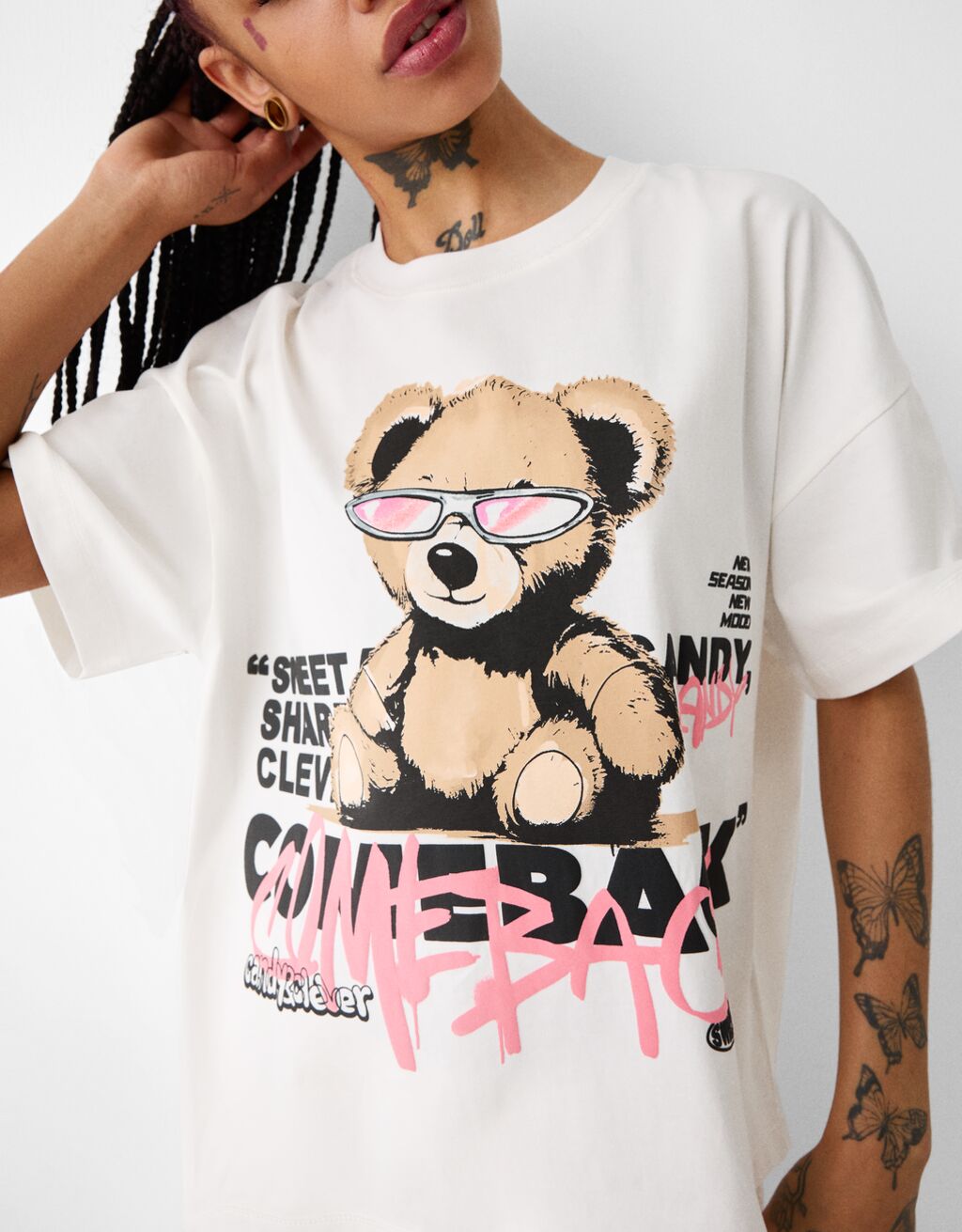 Desenli kısa kollu oversize t-shirt-Pembe-2