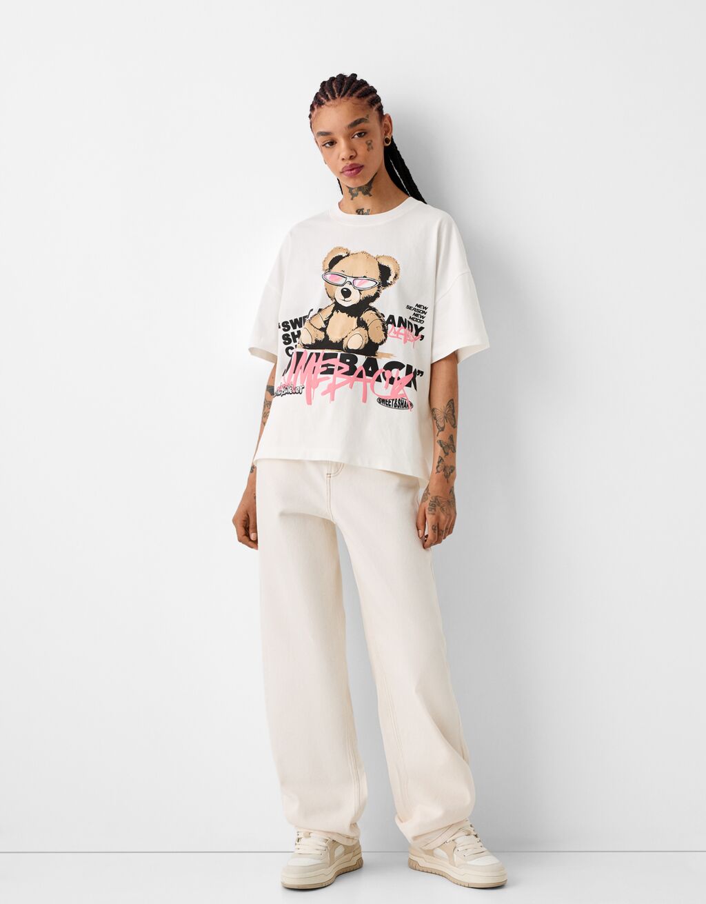 Desenli kısa kollu oversize t-shirt-Pembe-3