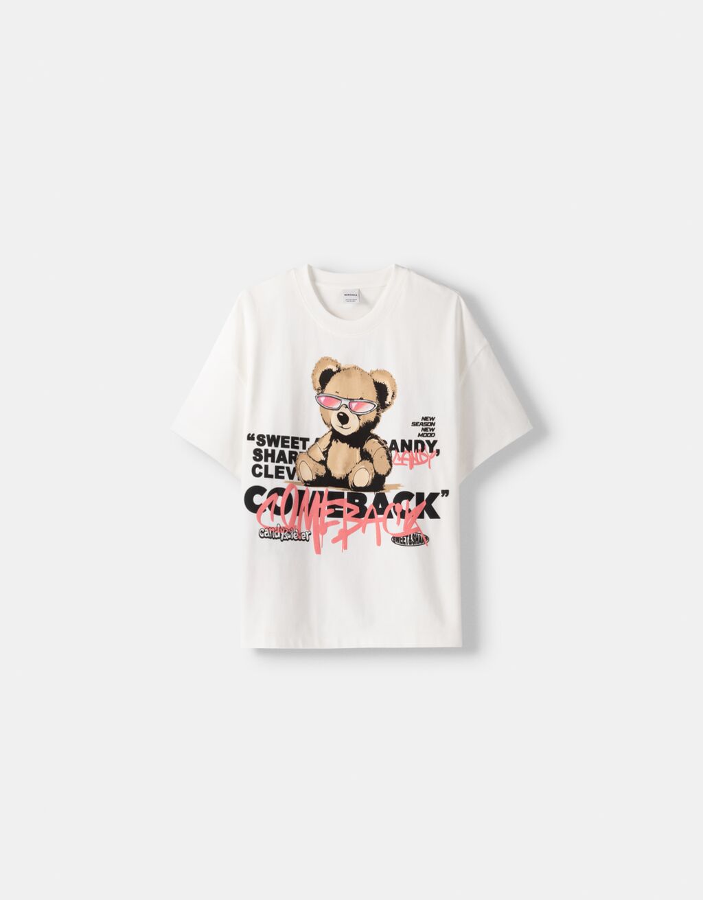 Desenli kısa kollu oversize t-shirt-Pembe-4