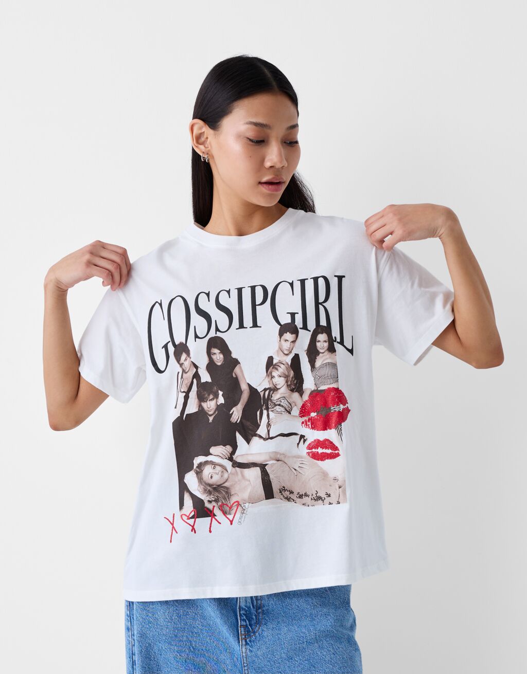 Kısa kollu Gossip Girls baskılı t-shirt-Krem-0