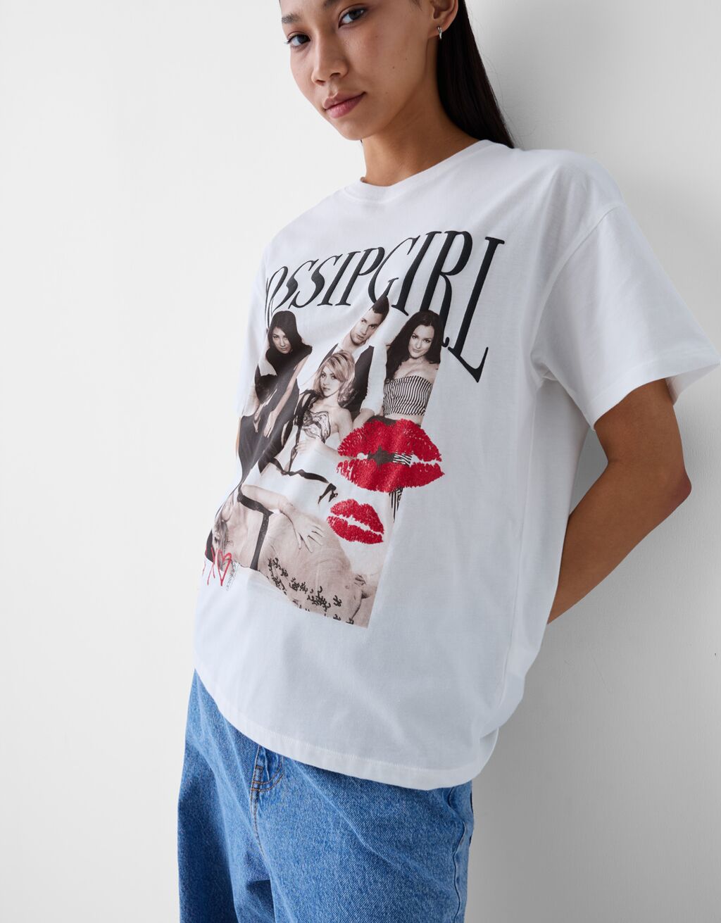 Kısa kollu Gossip Girls baskılı t-shirt-Krem-6