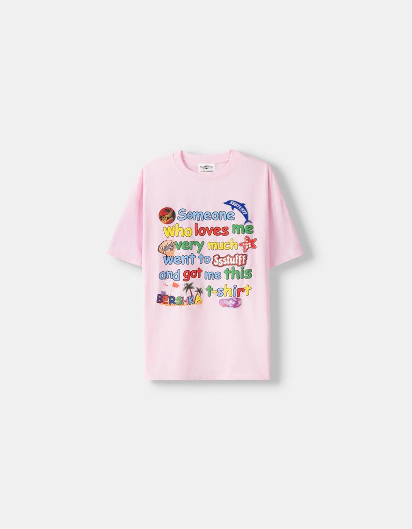 T-shirt SSSTUFFF x BERSHKA manches courtes imprimé-Rose-2