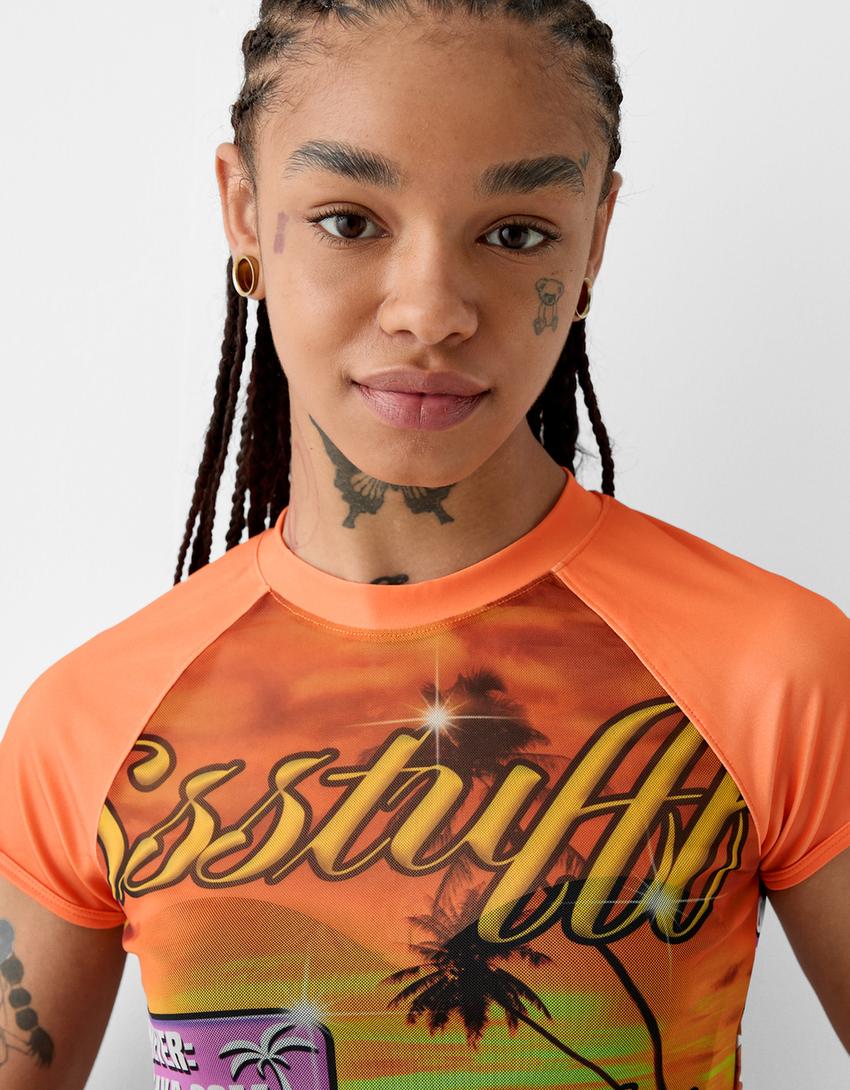 BERSSSHKA X SSSTUFFF printed short sleeve tulle T-shirt-Orange-4