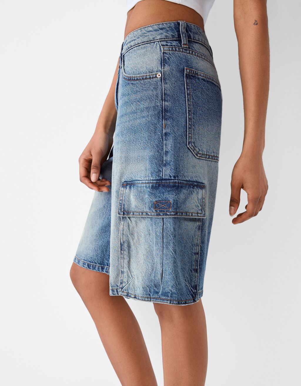 Bermuda denim baggy cargo-Bleu lavé-5