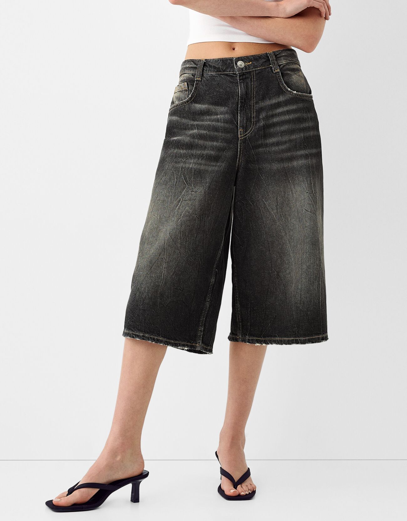 Bershka Bermuda Jort In Denim Baggy Donna 44 (Eu 40) Nero